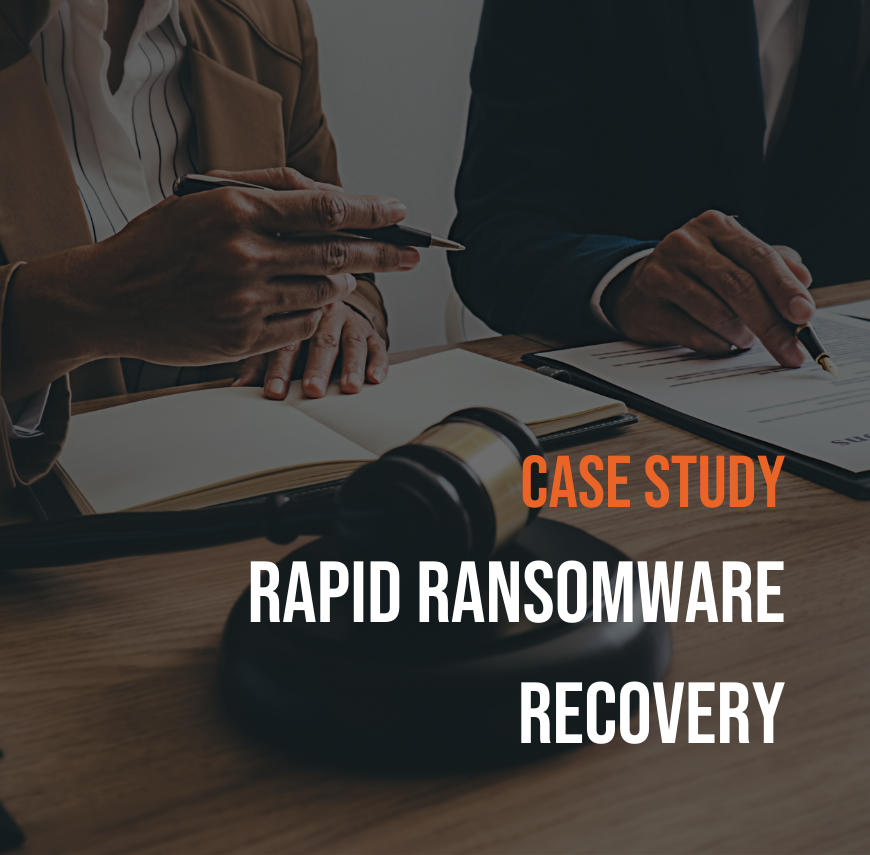 Two professionals reviewing documents at a table, with "Case Study: Rapid Ransomware Recovery" text overlay.