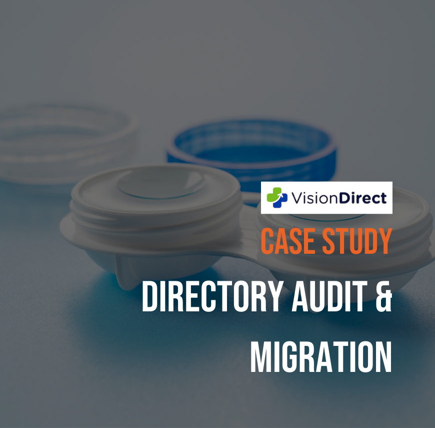 VisionDirect contact lens case with open compartments, overlaid with "Case Study: Directory Audit & Migration" text.