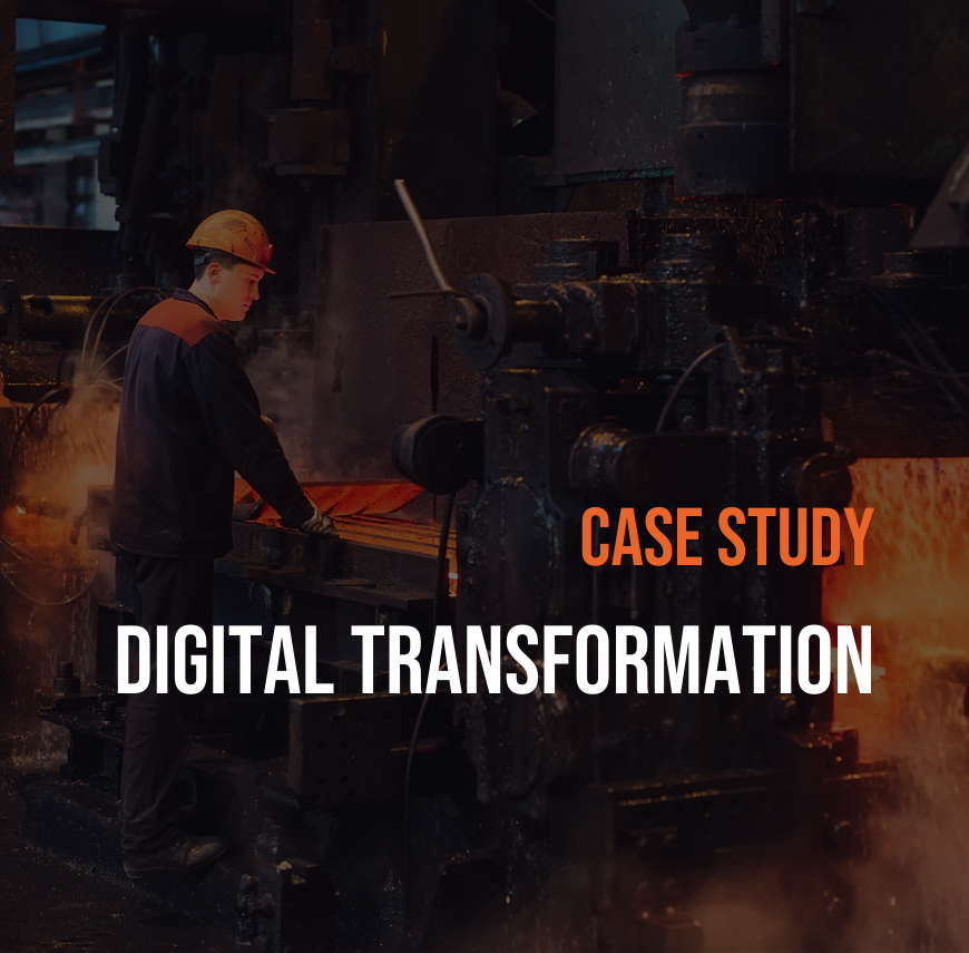 Industrial worker operating machinery with glowing hot metal, overlaid with "Case Study: Digital Transformation" text.