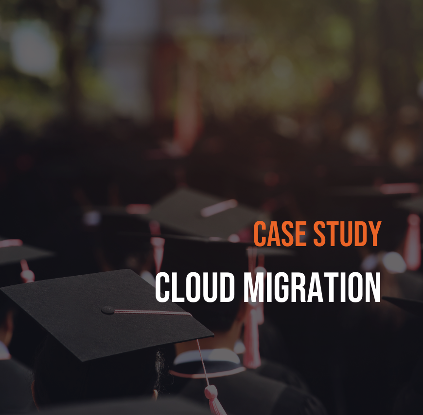 Graduation caps in the air with "Case Study: Cloud Migration" text overlay.