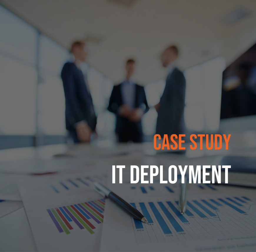 Business professionals in a modern office with charts and graphs on a table, overlaid with "Case Study: IT Deployment" text