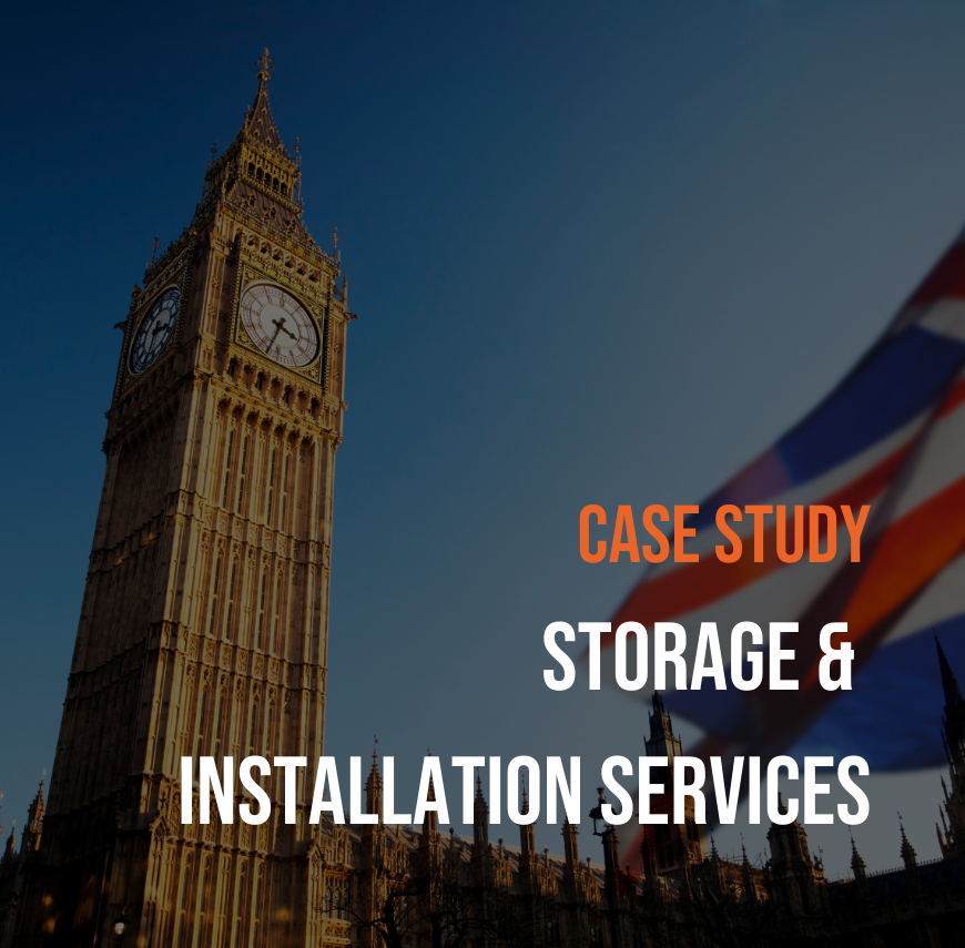 Big Ben with Union Jack flag and "Case Study: Storage & Installation Services" text overlay.