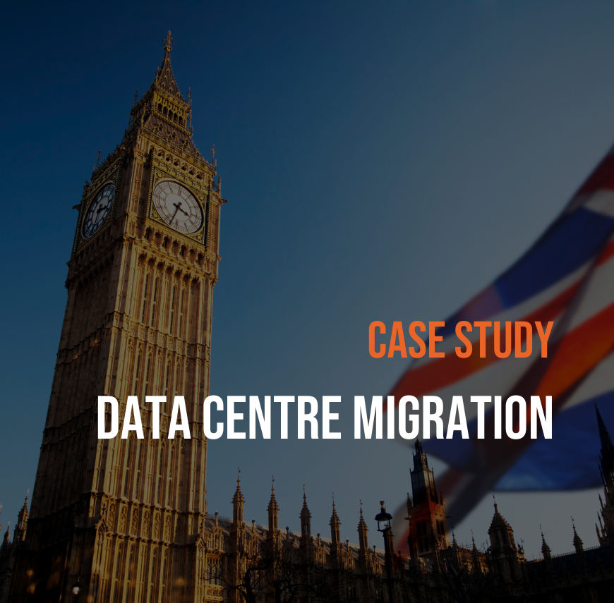 Big Ben with Union Jack flag and "Case Study: Data Centre Migration" text overlay.