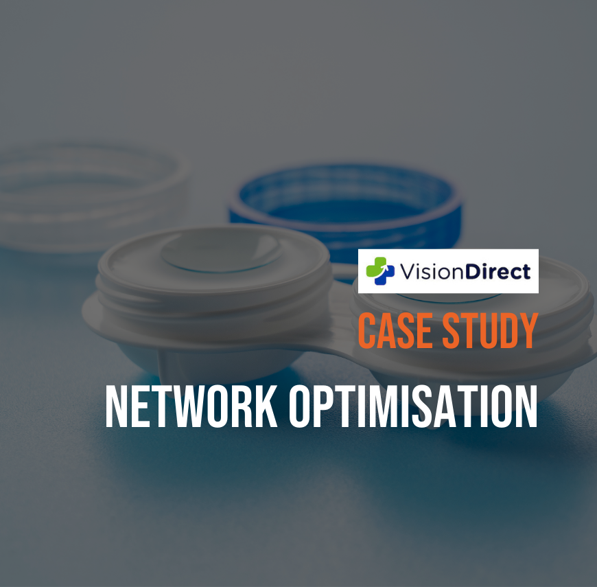 VisionDirect contact lens case with "Case Study: Network Optimisation" text overlay on a dark background