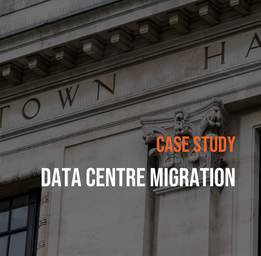 Exterior of a town hall building with "Case Study: Data Centre Migration" text overlay.
