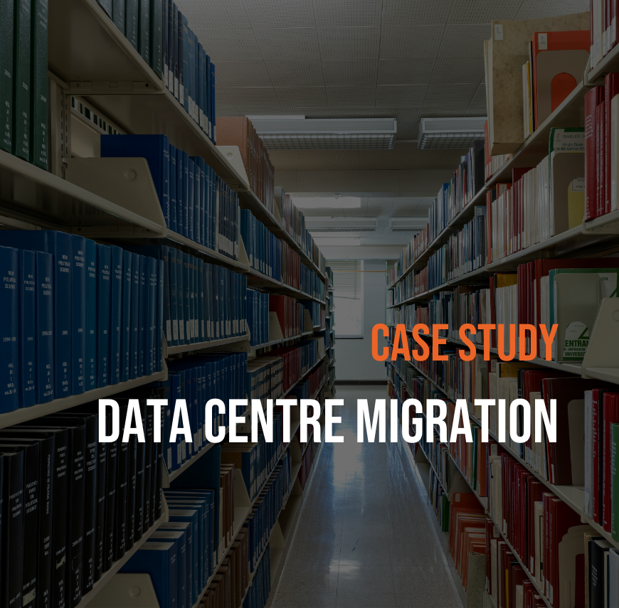 Academic library aisle with organized shelving systems containing blue and multicolored reference books and journals, featuring "Case Study Data Centre Migration" overlay text