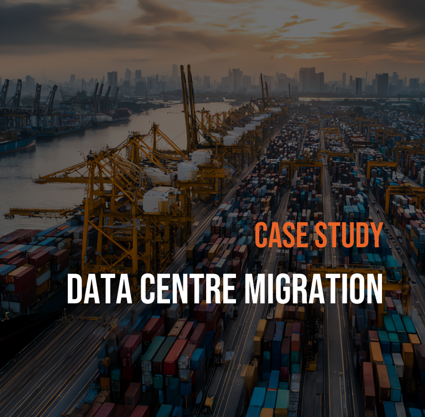 Aerial view of major container port facility with shipping cranes, cargo containers, and city skyline at sunset, overlaid with "Case Study Data Centre Migration" text