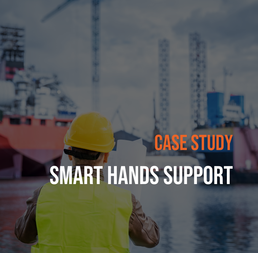 Construction worker in yellow hard hat and safety vest viewing industrial maritime facility with ships and equipment in background, overlaid with "Case Study Smart Hands Support" text