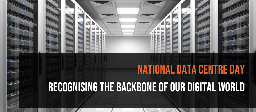 Modern data centre interior showing rows of server racks with blue LED indicators in a white, well-lit facility. Orange and black promotional graphic overlay announces 'New Blog Post: National Data Centre Day: Recognising the Backbone of Our Digital World' with Technimove branding and 'Learn More' call-to-action.
