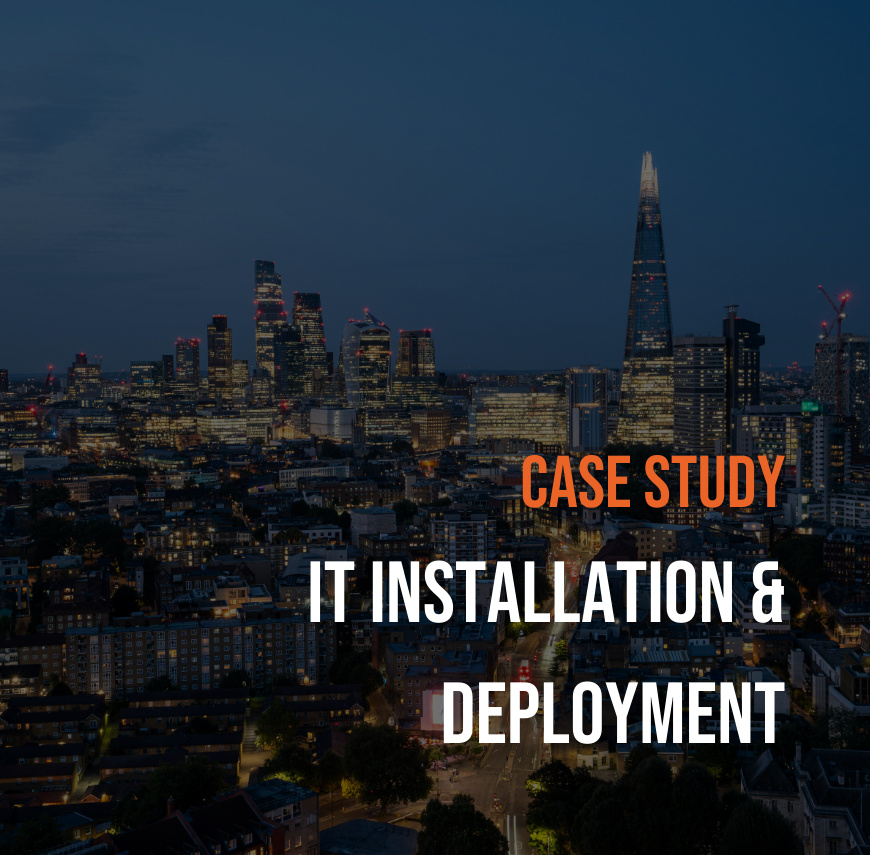 Aerial twilight view of London's financial district with The Shard and surrounding office buildings, featuring "Case Study - IT Installation & Deployment" overlay text