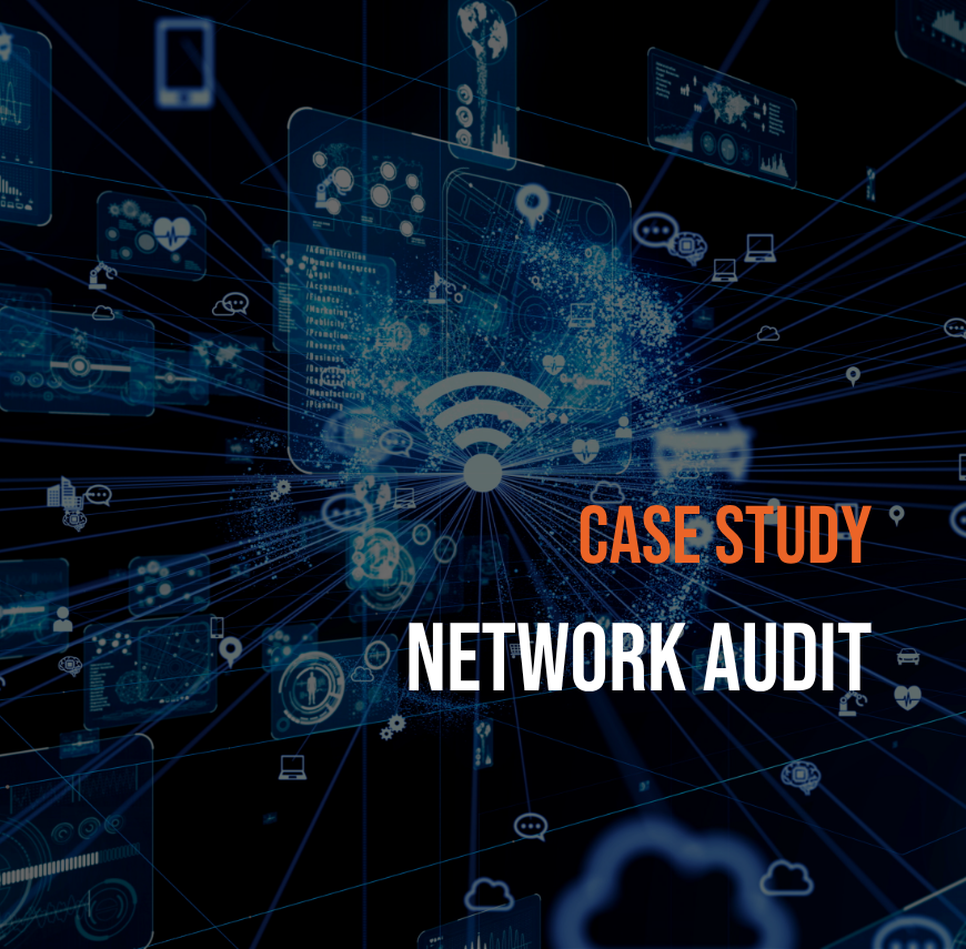 Title image for a case study on multi-site network audits, featuring the text "Multi-Site Network Audit for IT Infrastructure Visibility" over a digital-themed background.