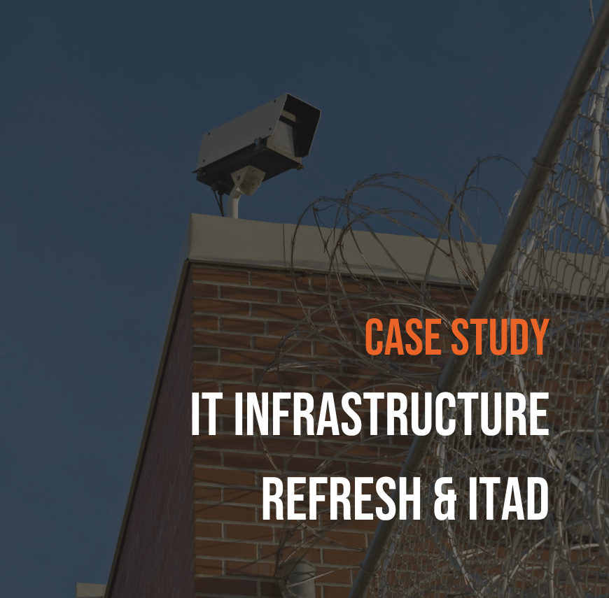 Security camera mounted on a brick wall with barbed wire fencing, under a clear sky. Text overlay reads: “Case Study: IT Infrastructure Refresh & ITAD.”