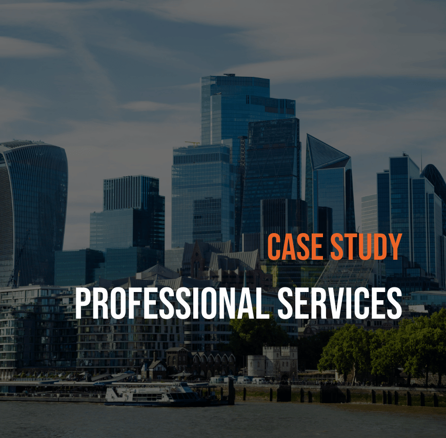 Square image showing London’s skyline with modern skyscrapers and text overlay stating “Case Study: Professional Services.”