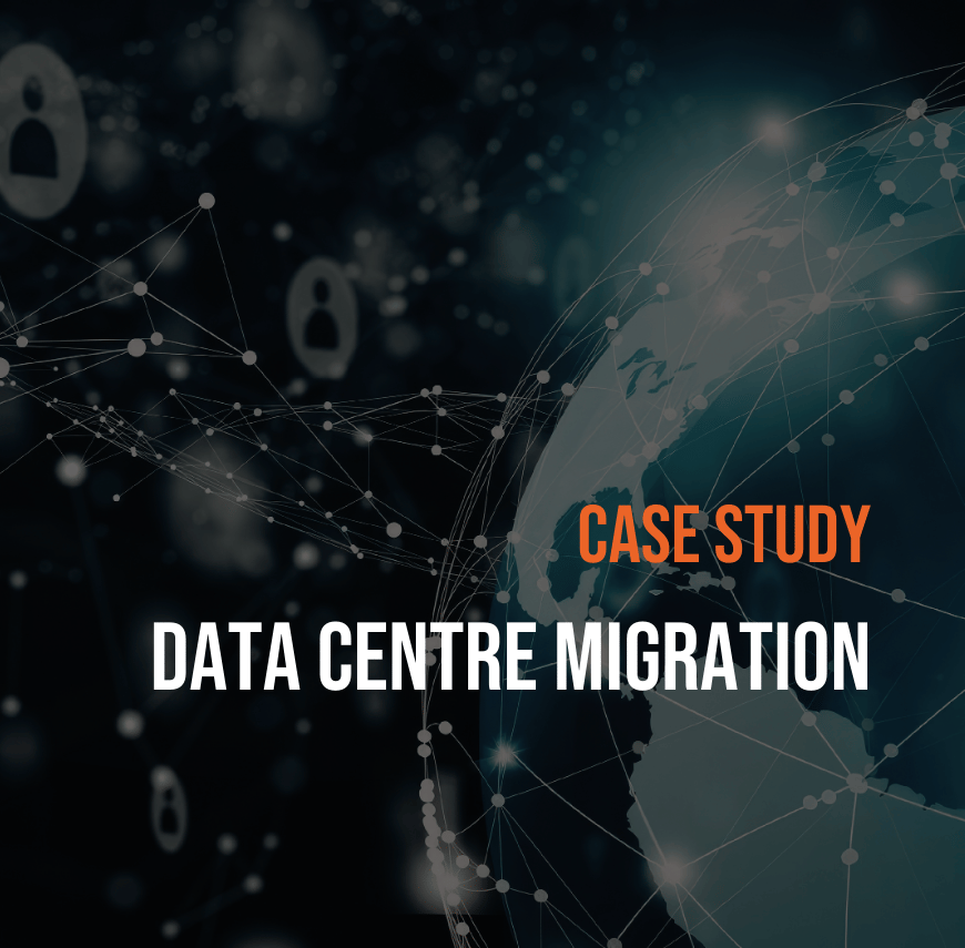 Data centre migration case study graphic with a digital globe and network links.