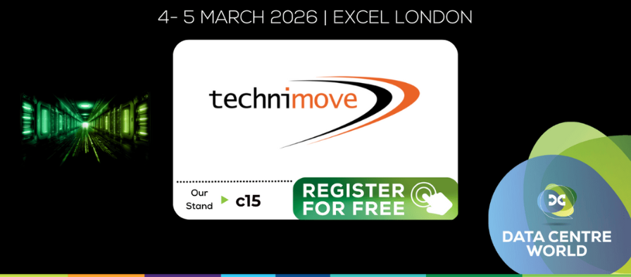 Technimove’s promotional graphic for Data Centre World London 2026, featuring the Technimove logo, Stand C15 details, a ‘Register for Free’ button, and the Data Centre World branding.