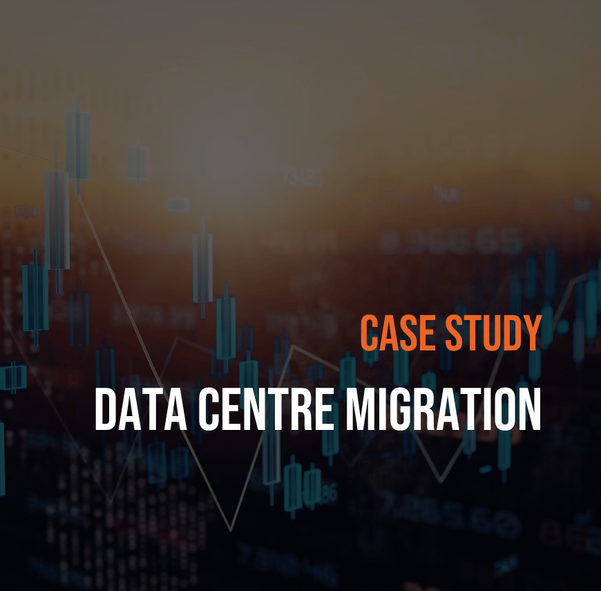 Data centre migration case study graphic with abstract financial data visualisation.