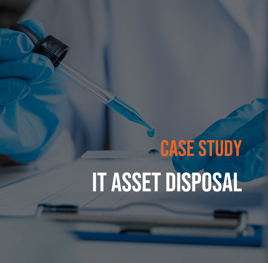 Gloved hands using precision tools in a laboratory setting, symbolising secure handling and certified disposal of sensitive IT assets.