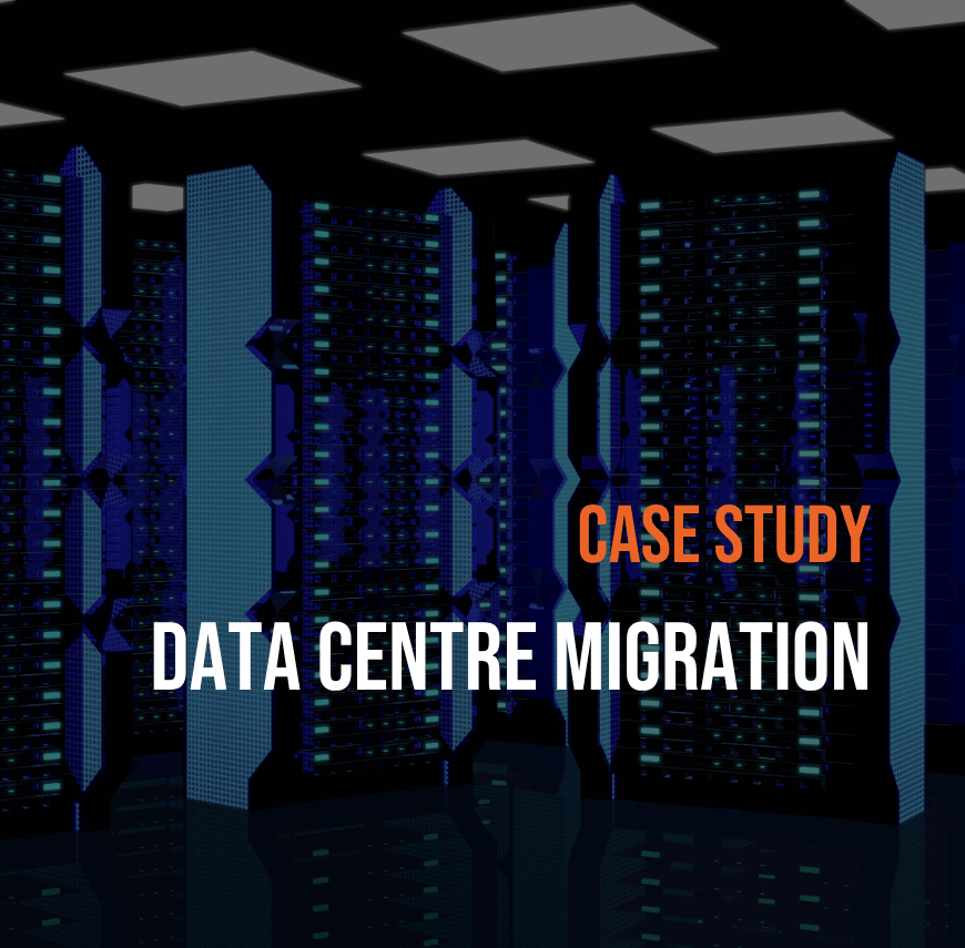 Illustration of server racks inside a data centre with overlaid text reading “Case Study: Data Centre Migration”.