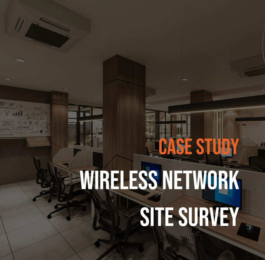 Open‑plan office environment used as part of a wireless network site survey and assessment for a Wi‑Fi 6 design.