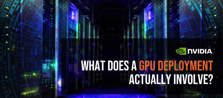 High‑density data centre with illuminated server racks representing a GPU deployment for enterprise AI infrastructure.