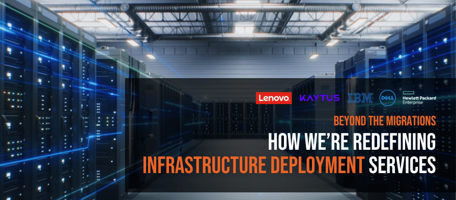 Wide view of a modern data centre with rows of server racks, overlaid with text reading “Beyond the migrations: How we’re redefining infrastructure deployment services” alongside partner logos.