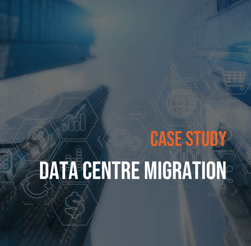 Data centre migration case study visual with technology and infrastructure icons over an urban backdrop.