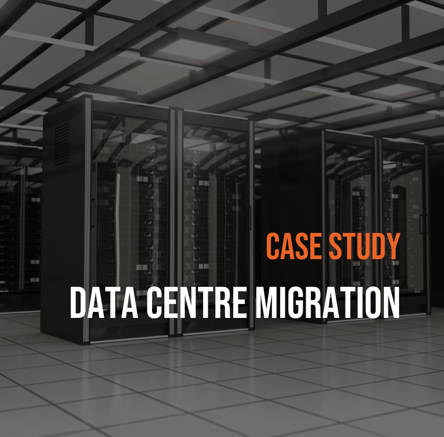 Dark data centre with rows of server racks and centred text reading “Case Study: Data Centre Migration”.