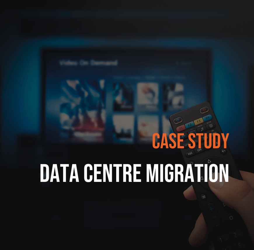 Hand holding a TV remote in front of a blurred streaming interface with bold overlay text “Case Study Data Centre Migration.”
