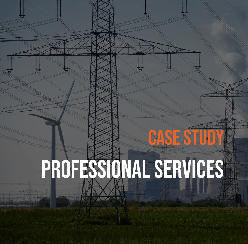 Energy infrastructure with power lines, wind turbine and industrial plant, representing a global energy operator case study.