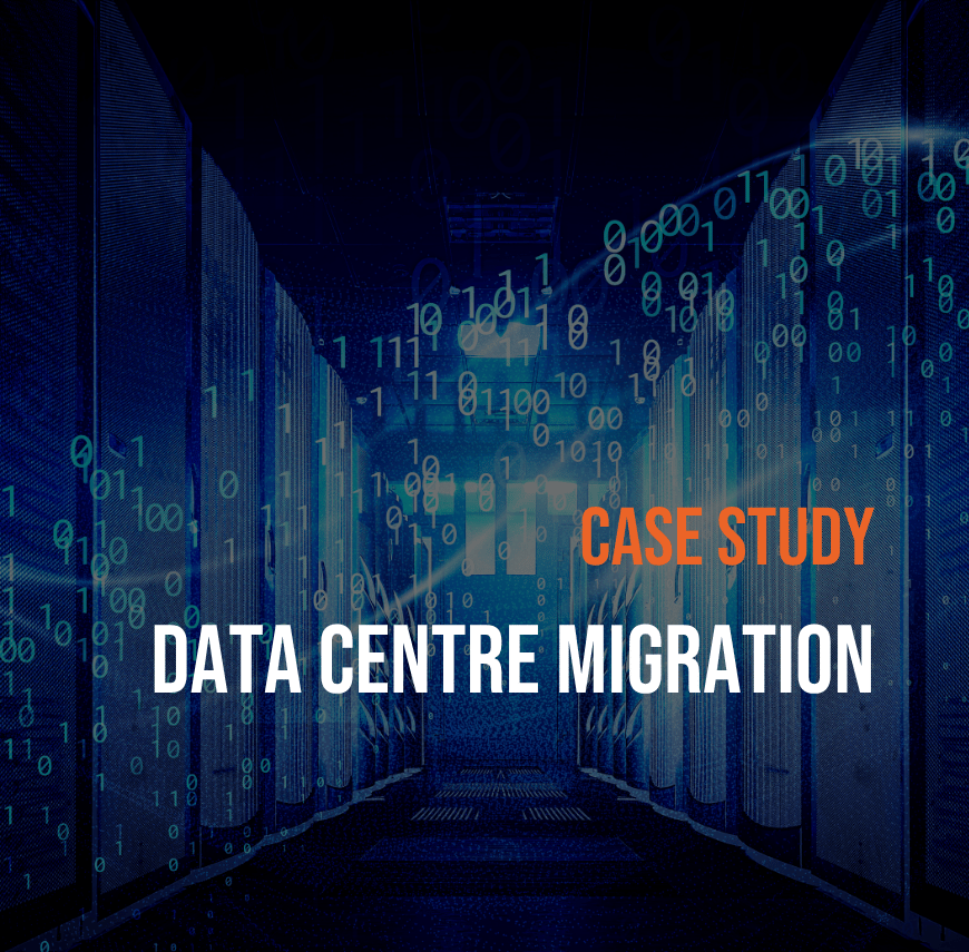 Data centre corridor with server racks, representing a controlled infrastructure migration between UK sites.