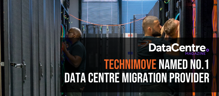 Engineers working inside a data centre configuring racks as Technimove is named the number one data centre migration provider