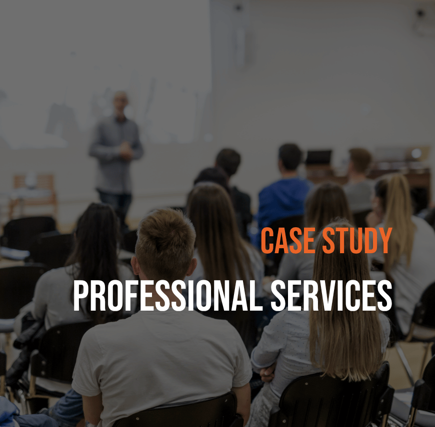 Professional Services case study cover image showing attendees seated in a presentation environment with the title 'Case Study Professional Services'.