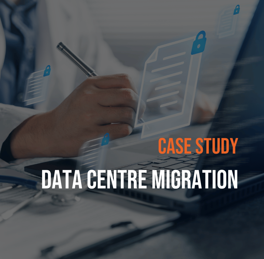 Square case study graphic displaying the text "Case Study: Data Centre Migration" alongside a laptop, digital document icons and security-themed imagery.