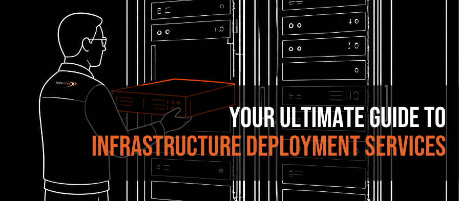Illustrated engineer installing a server into a data centre rack for an infrastructure deployment project.