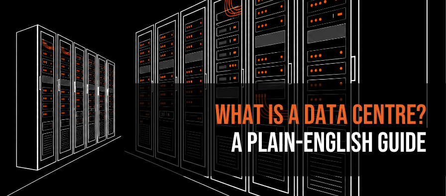 Illustrated data centre server racks with the title "What Is a Data Centre? A Plain-English Guide"