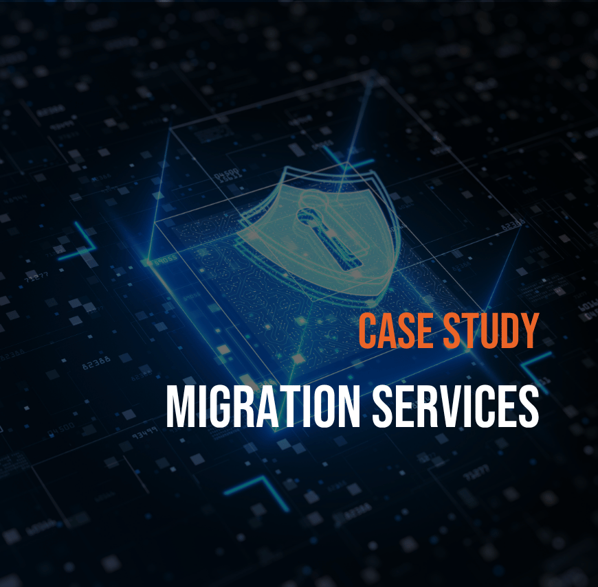 Case study graphic for migration services featuring a digital security shield over a blue technology network.